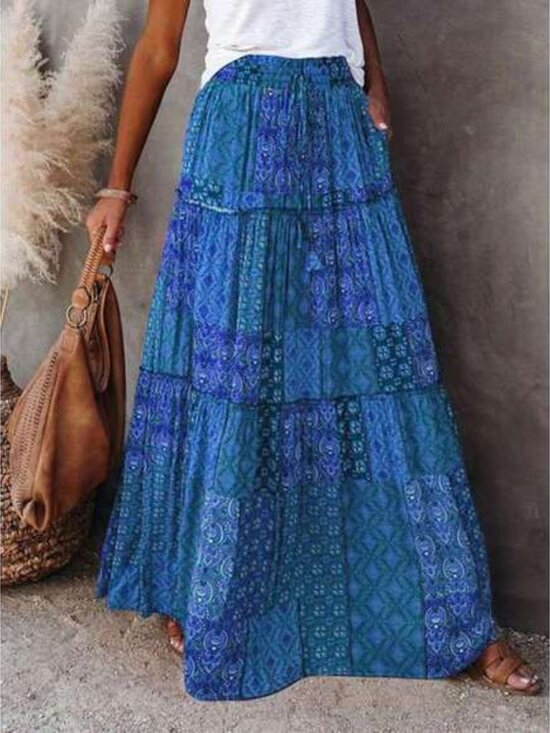 Women's Boho Maxi Skirts Vintage Floral Elastic High Waist A-Line Flowy Skirts T - Picture 2 of 6